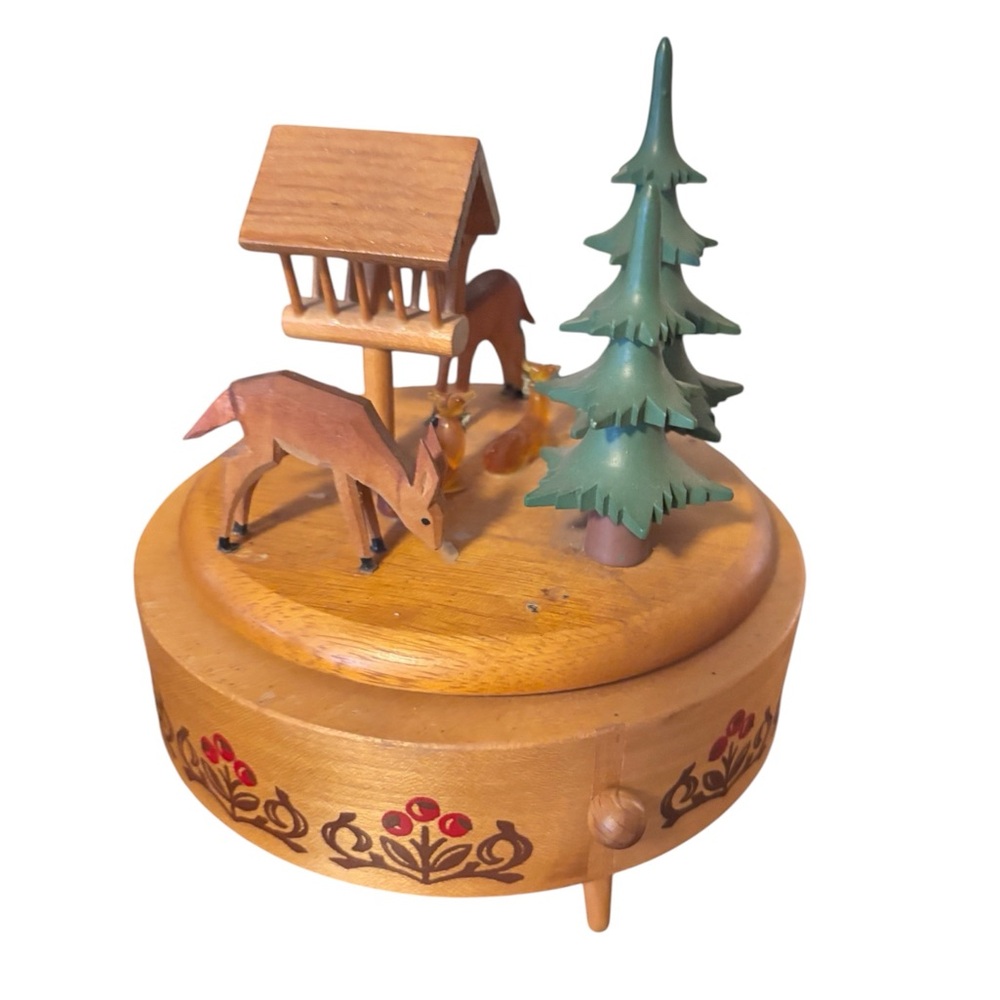 Vintage Erzgebirge Swiss Reuge “The Deer Feed" Wooden Deer Music Box